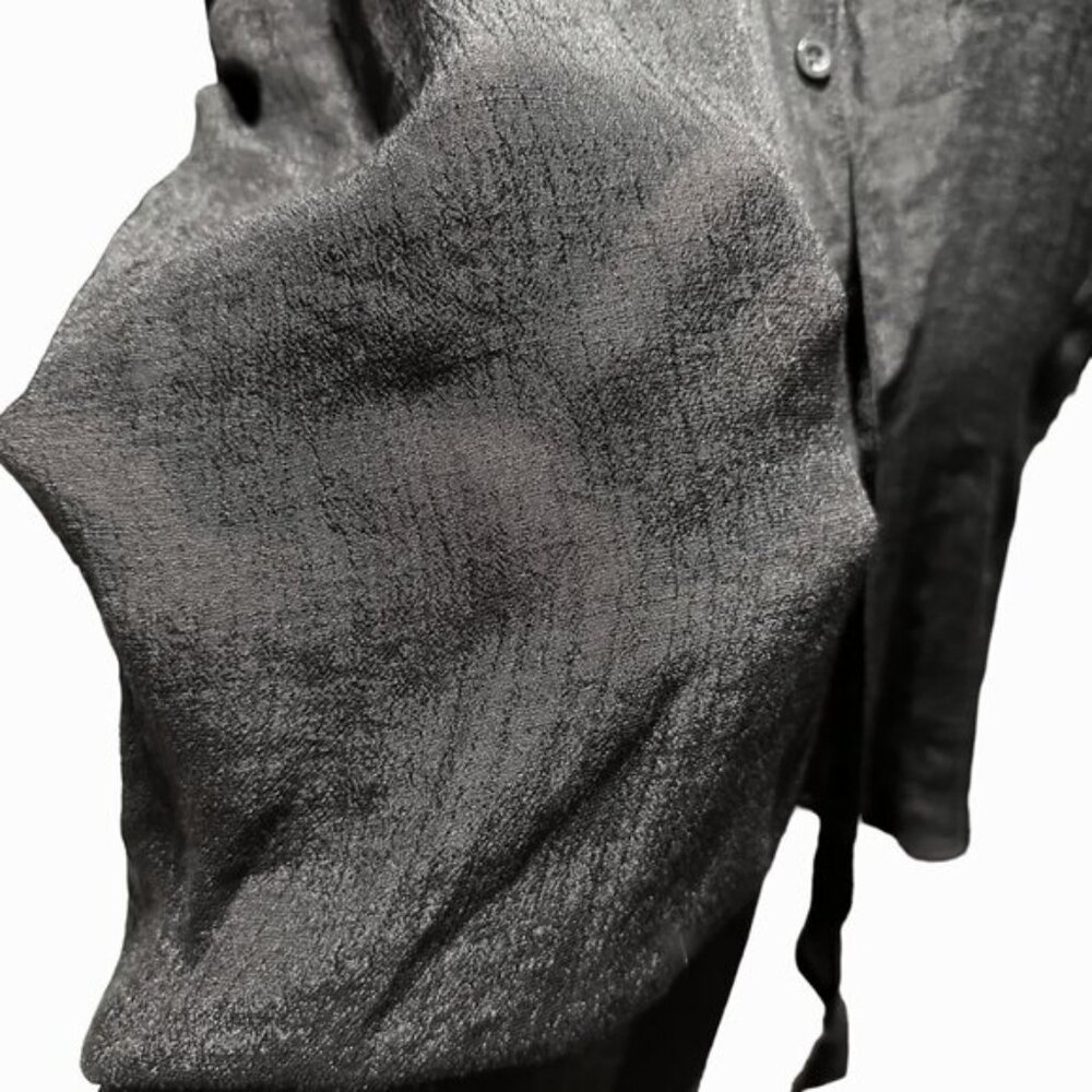 Mandarin Collar Sheer Button Down Long Sleeve Shirt Black - Picture 3 of 5